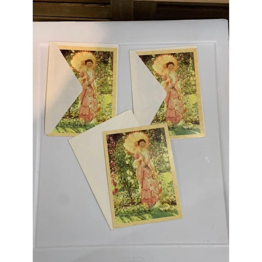 3 Vintage Notecards “Hollyhocks” Artwork Frederick Carl Frieseke Victorian 90s